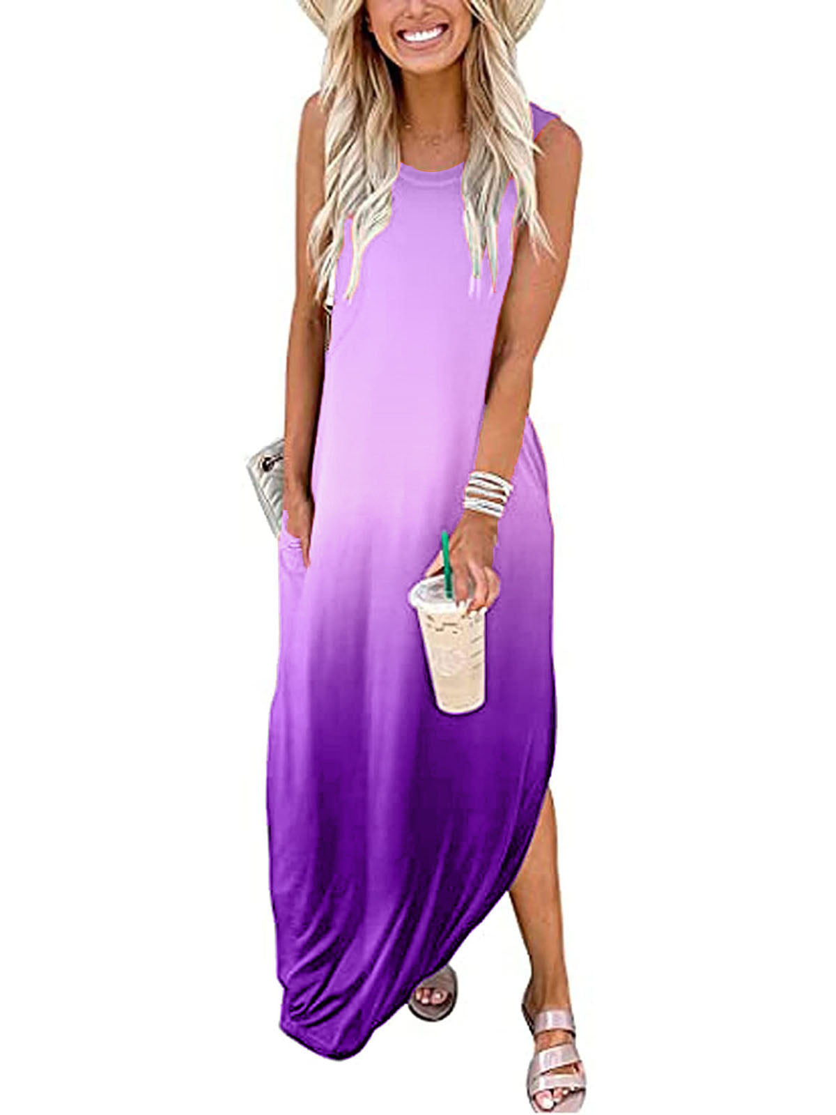 Veleaee Round Neck Sleeveless Gradient Color Dress
