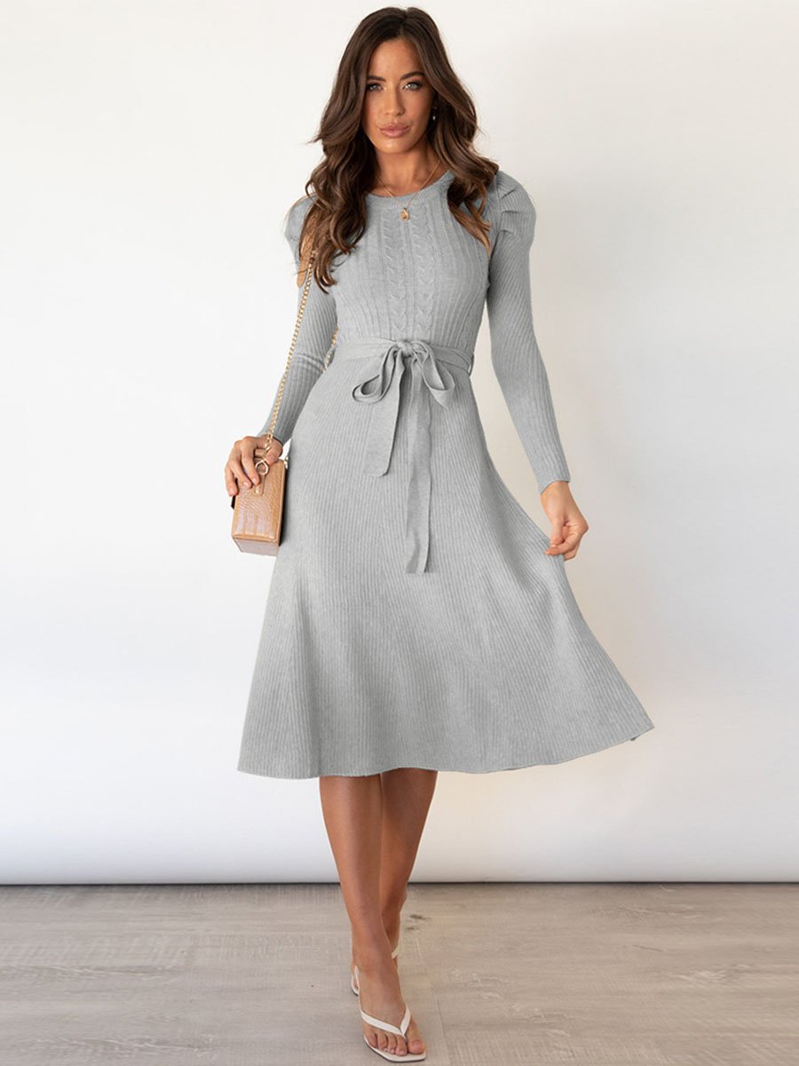 Veleaee Bubble Sleeve Belt Knit Dress (5 colors)