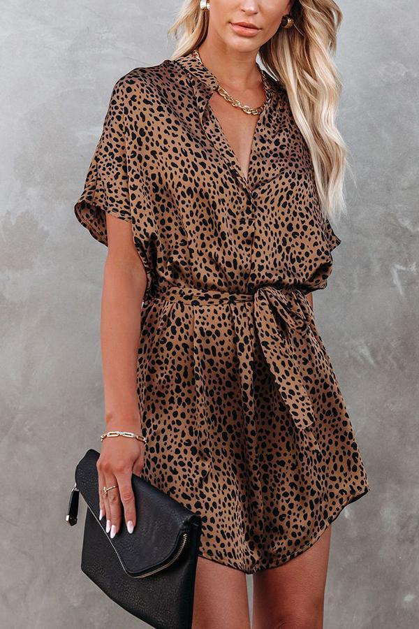 Veleaee Leopard Satin Tie Dress