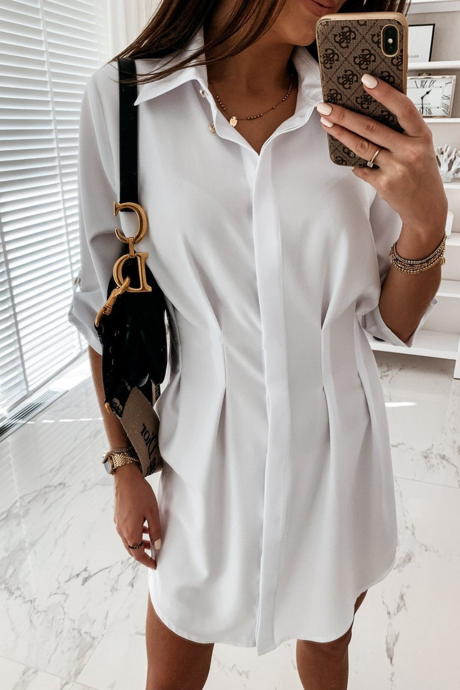 Veleaee Solid Color Shirt Collar Mini Dreess