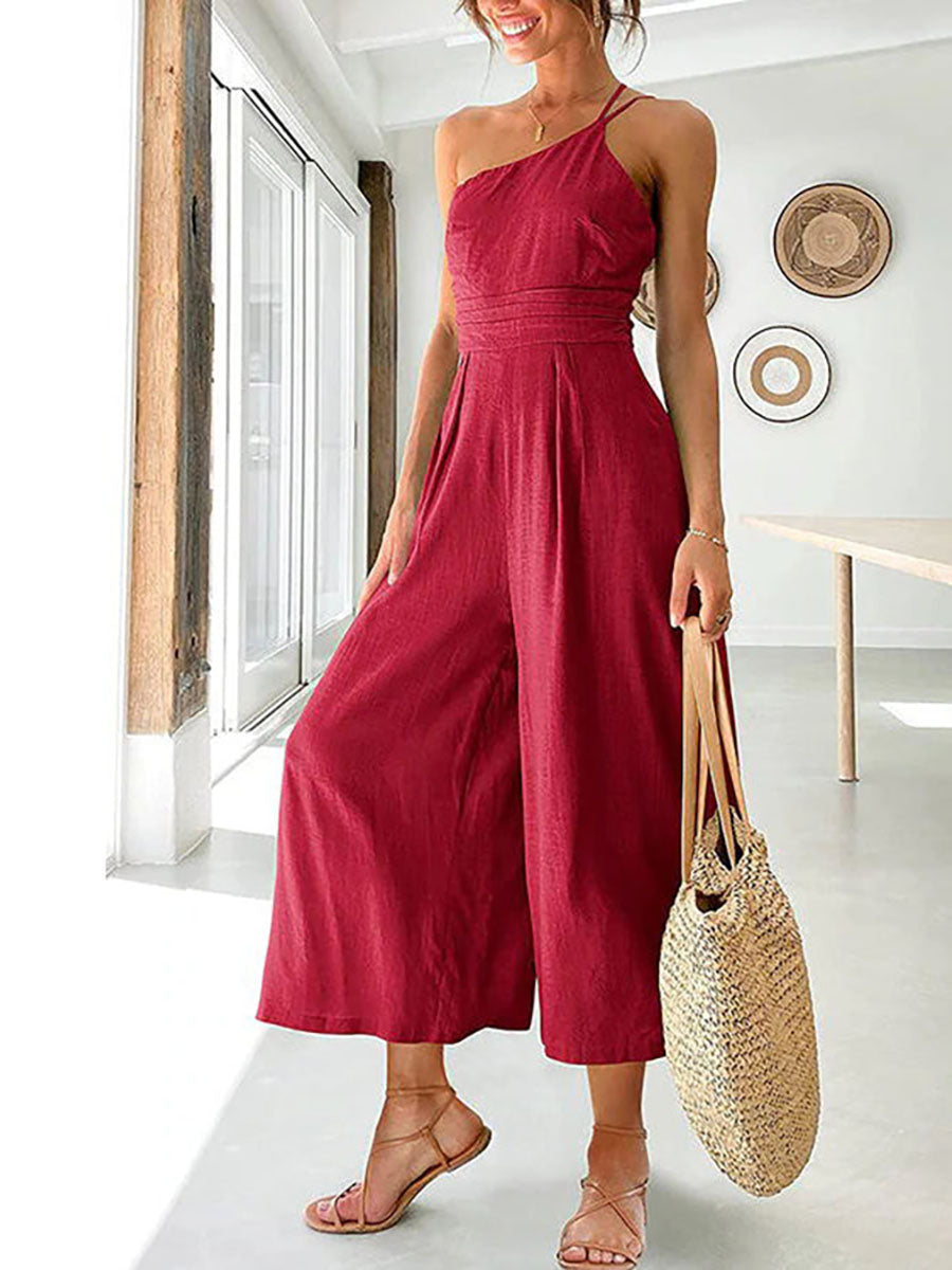 Veleaee Chic Journey One Shoulder Straps Wide Leg Jumpsuit（8 colors）