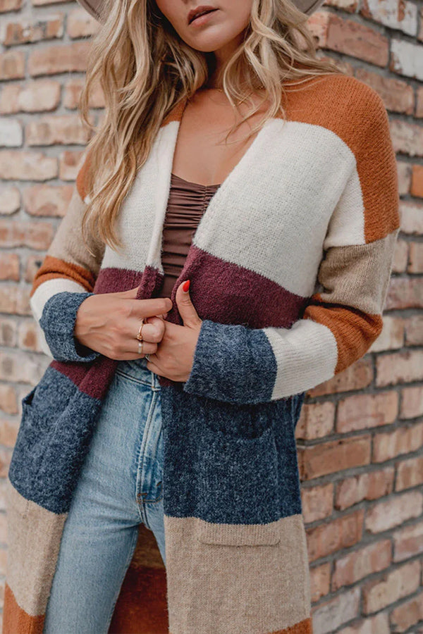 Veleaee Multicolor Knitted Color Block Open Front Long Cardigan