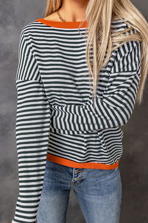 Veleaee Striped Color Contrast Dropped Shoulder Long Sleeve Top