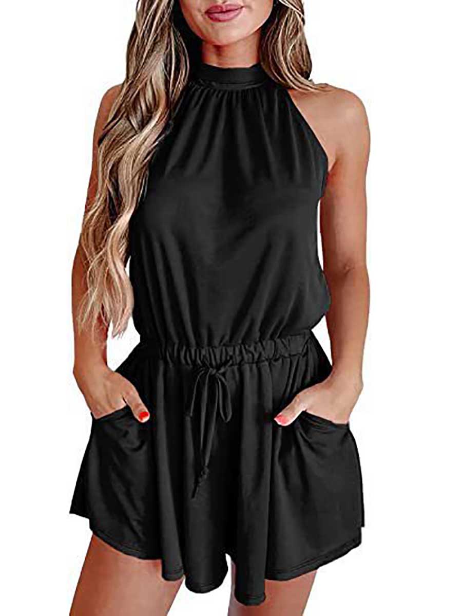 Veleaee Elegant Waist Tie Sleeveless Hanging Neck Loose Shorts Printed Jumpsuit