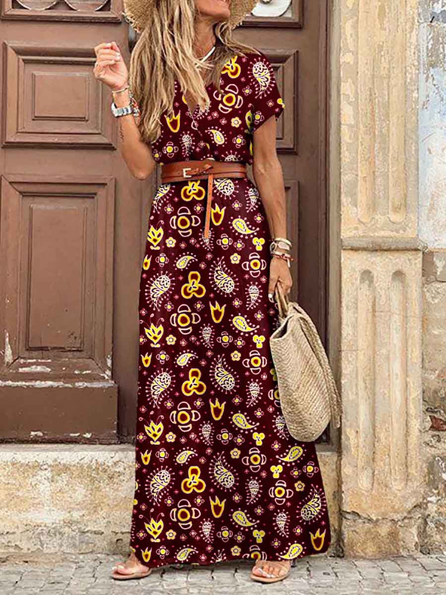 Veleaee Boho Style V-neck Floral Belt Dress (7 colors)