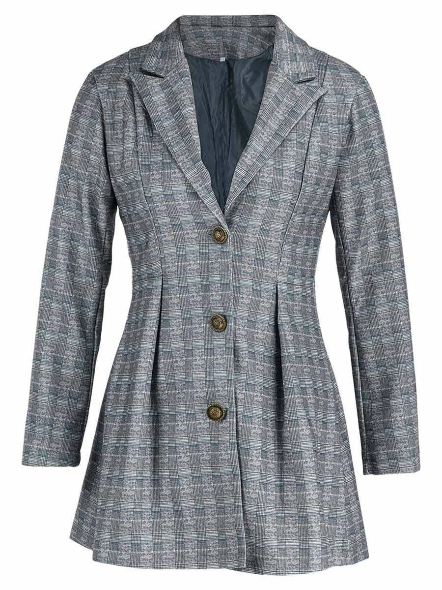 Veleaee Fashion Street Plaid Patchwork Buckle Turn-back Collar Outerwear(3 Colors)