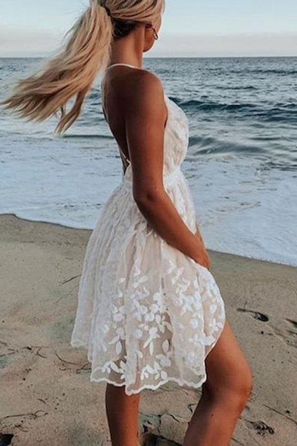 Veleaee V-Neck Lace Embroidered White Dress