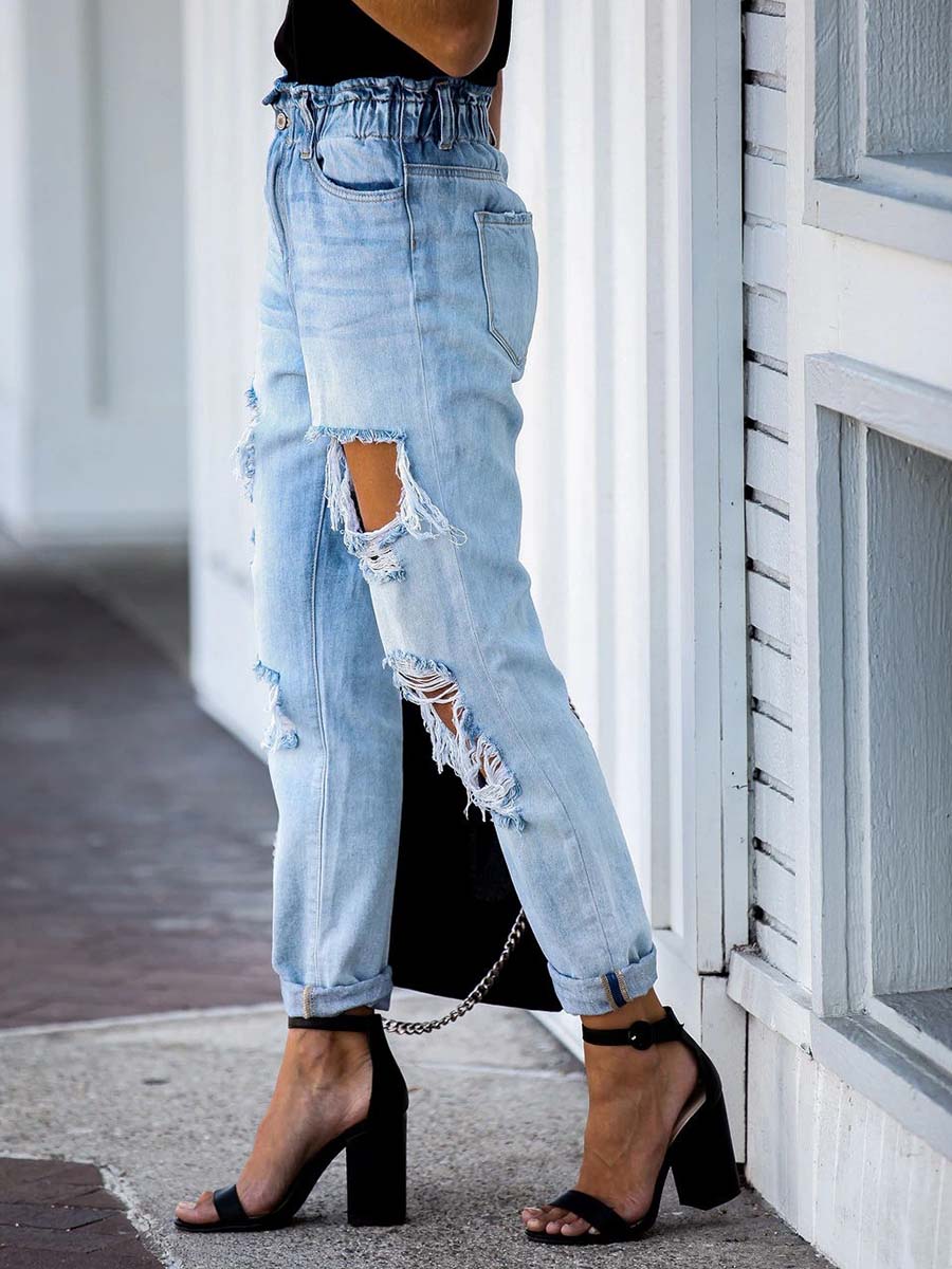 Elastic Waist Torn Straight Jeans