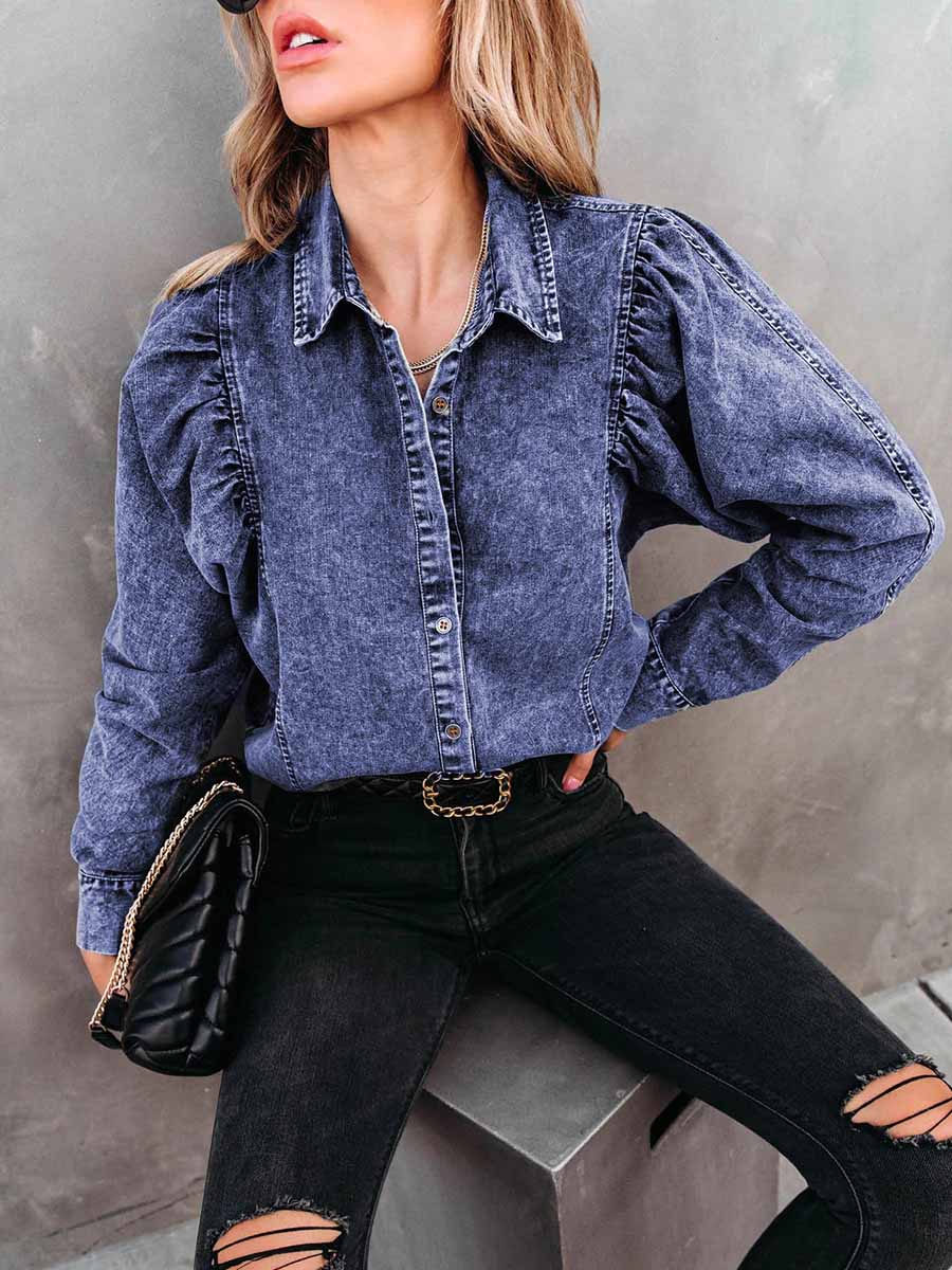 Veleaee Casual Fashion Loose Long Sleeve Denim Shirt