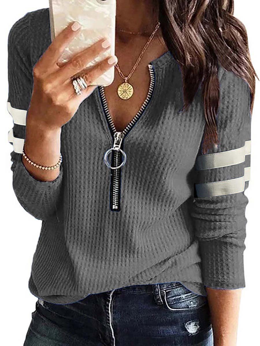 Veleaee V-Neck Zipper Splicing Long Sleeve T-shirt(6 colors)