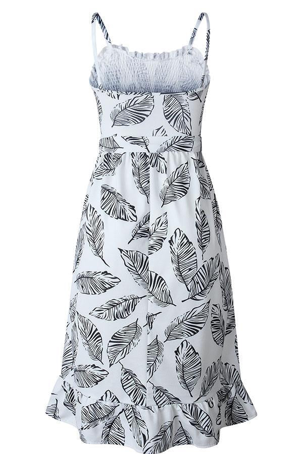 Veleaee Sleeveless Leaf Print Spaghetti Strap Casual Wear Dress