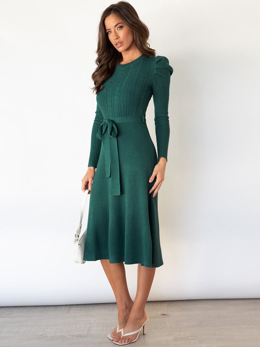Veleaee Bubble Sleeve Belt Knit Dress (5 colors)