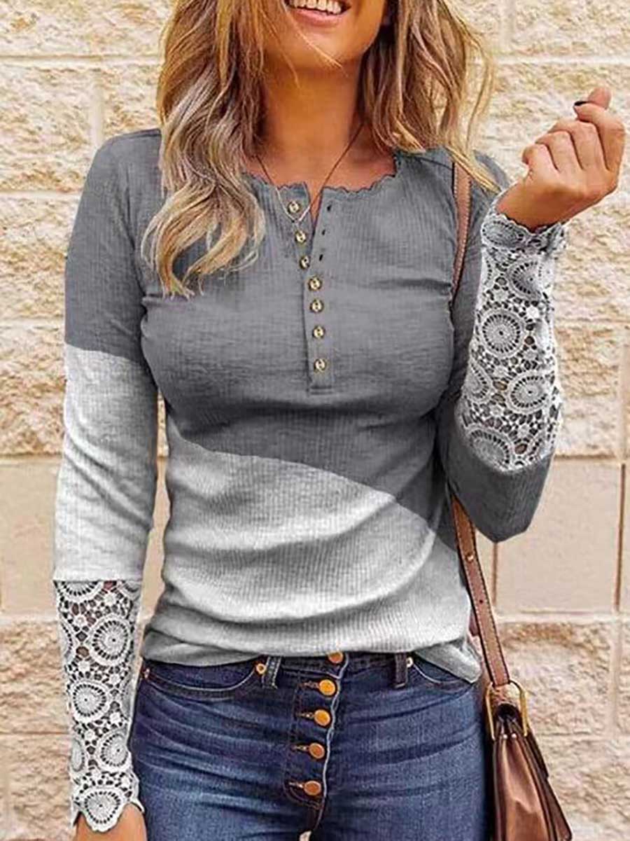 Veleaee Round Neck Stitching Lace Long Sleeve T-Shirt(14 colors)
