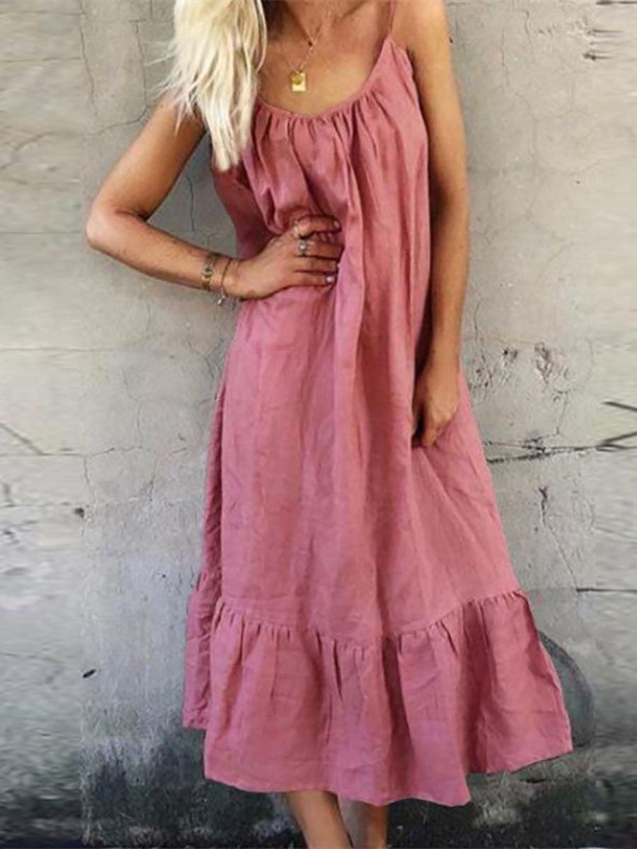 Veleaee Cotton Linen Halter Solid Color Ruffle Dress