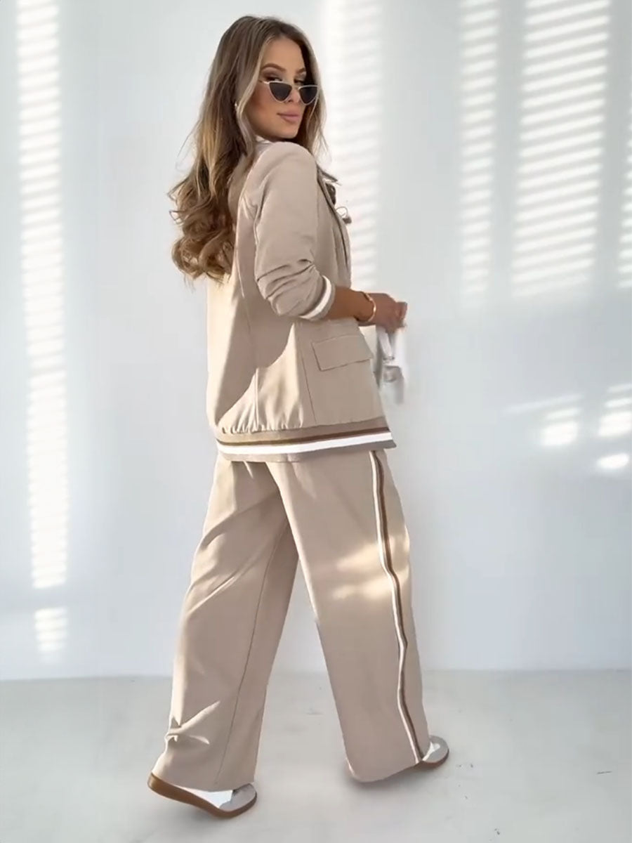 Sporty Stripe Blazer Wide Leg Pants Set
