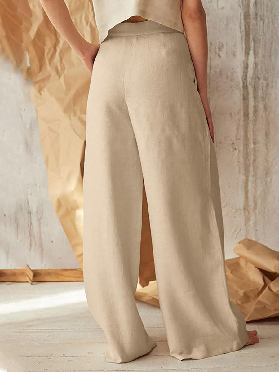 Veleaee Solid Color High Waist Casual Button Wide Leg Pants