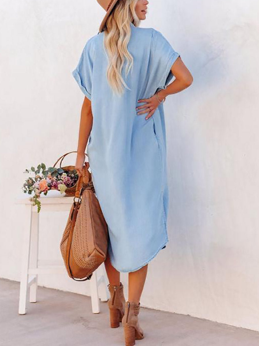 Veleaee Solid Color Denim Dress