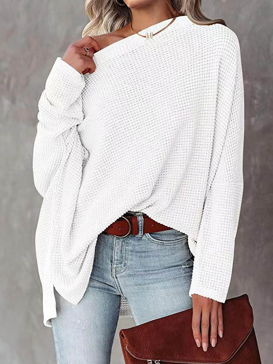 Veleaee Solid Color Knitted Bat Long Sleeve Sweater