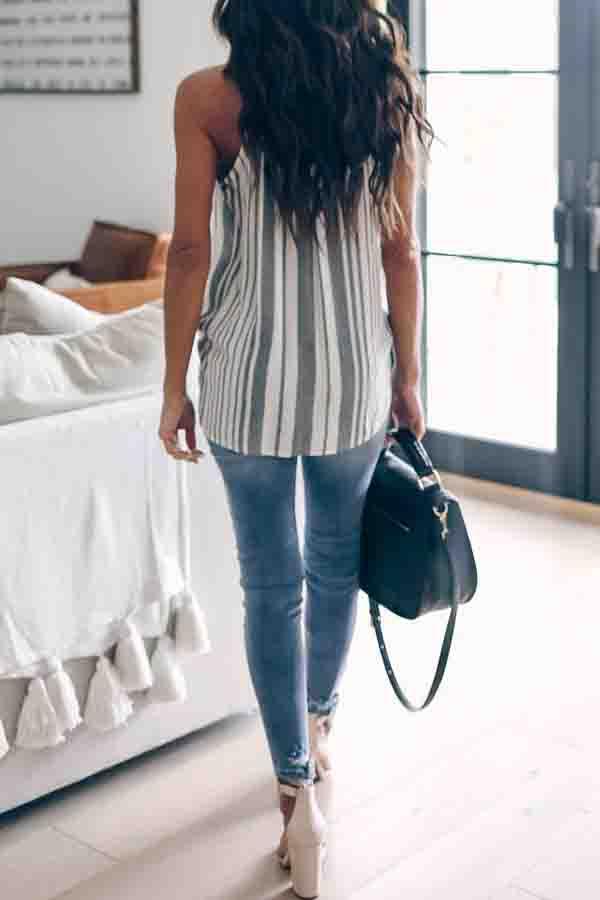Veleaee Sleeveless Striped Spaghetti Strap Casual Wear Vest
