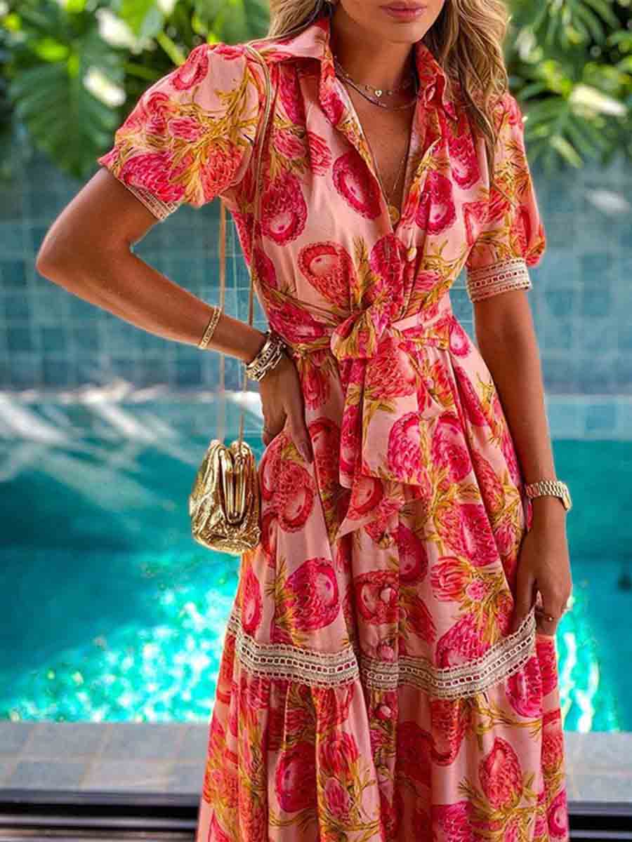 Veleaee Bohemian Printed Lace Belt Dress