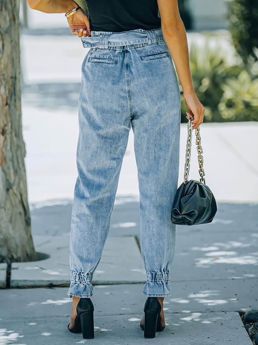 Veleaee Metal Buckle Legged Harem Jeans