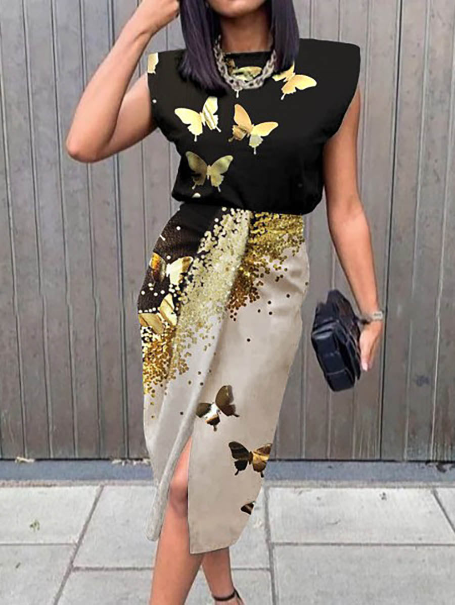 Veleaee Elegant Print Printing O Neck A Line Dresses(5 Colors)