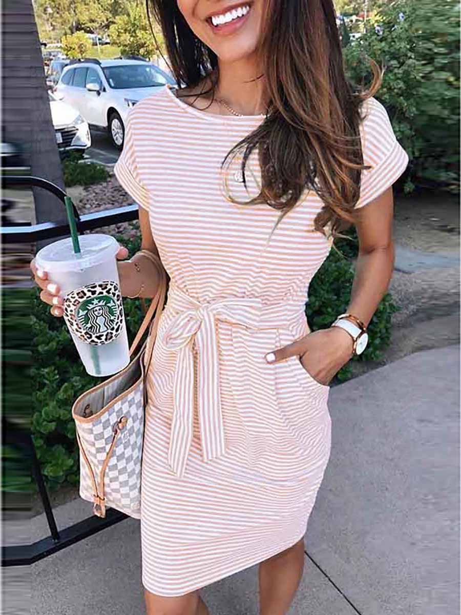 Veleaee Short Sleeve Pinstripe Round Neck Casual Wear Dress