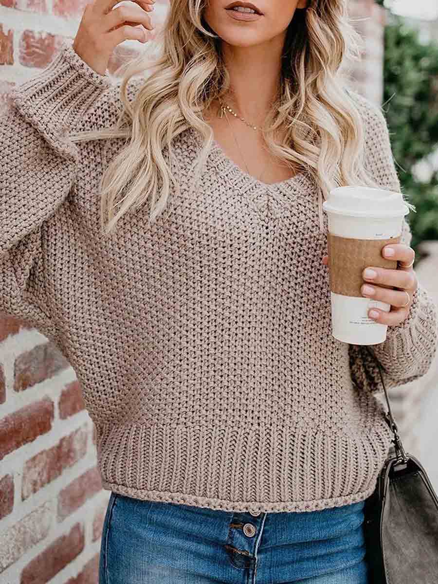 Veleaee Loose Knit V-neck Sweater