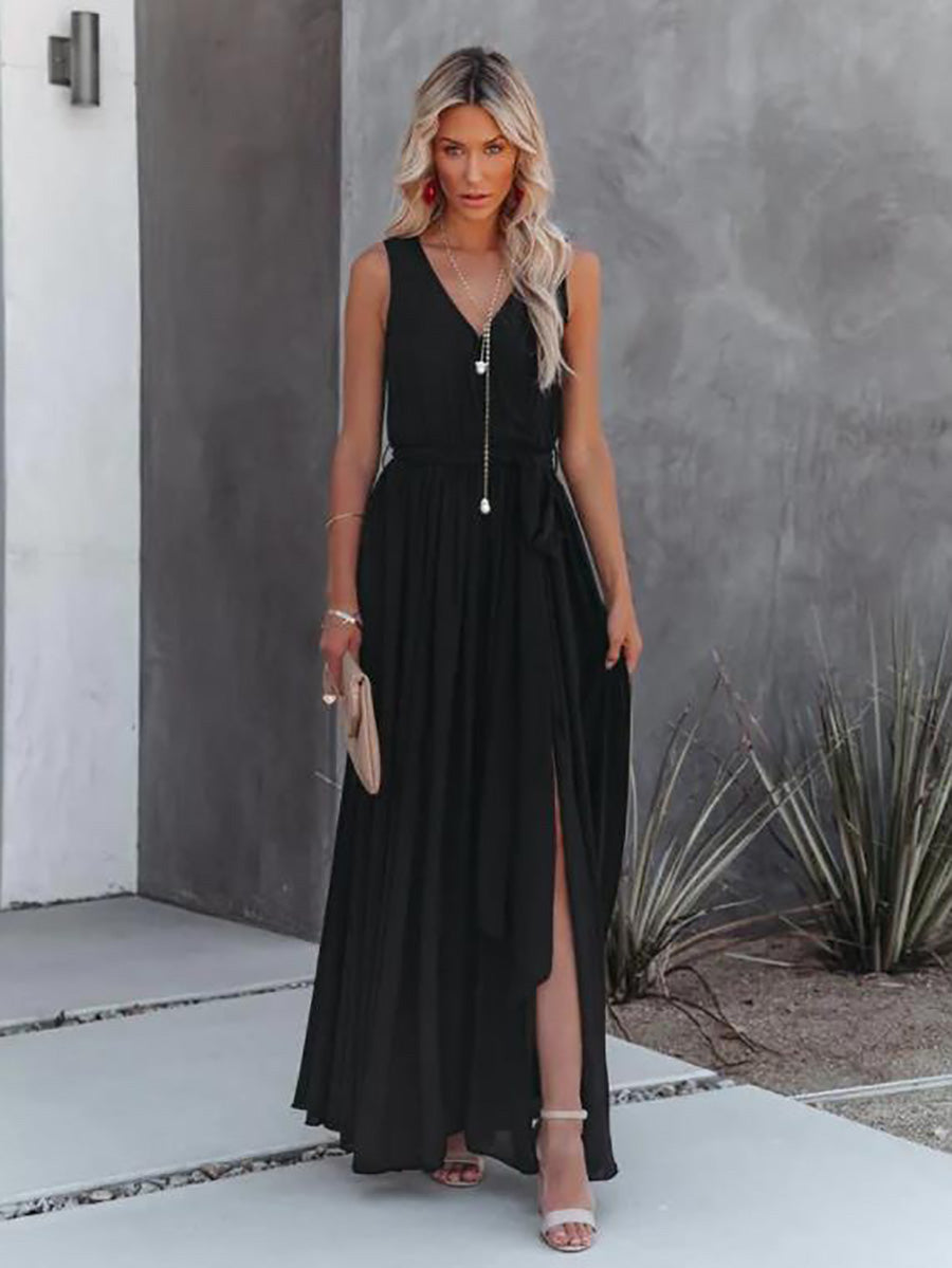 Veleaee V-Neck Sleeveless Solid Color Dress