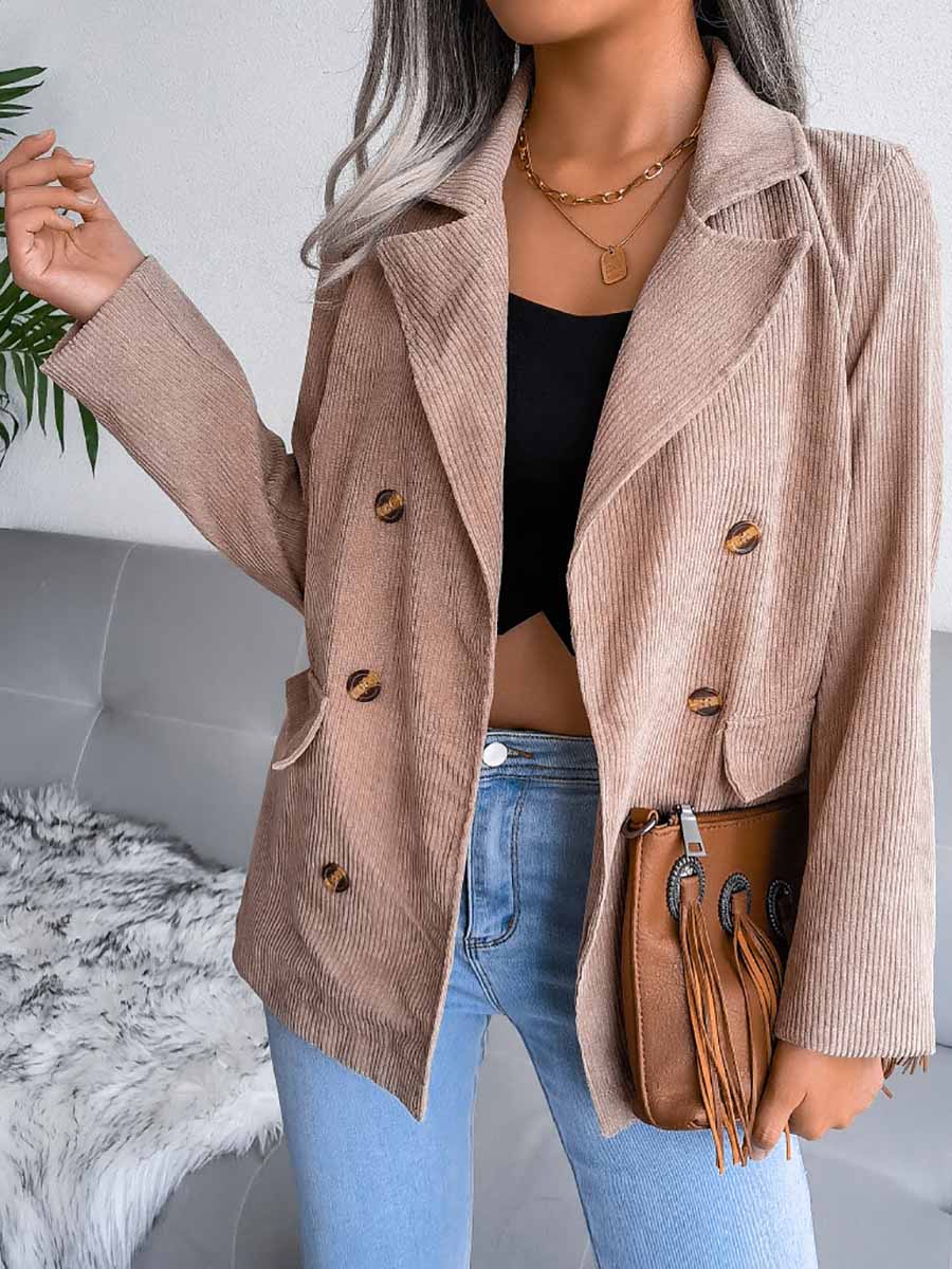 Veleaee Solid Color Corduroy Fashion Double-Breasted Jacket