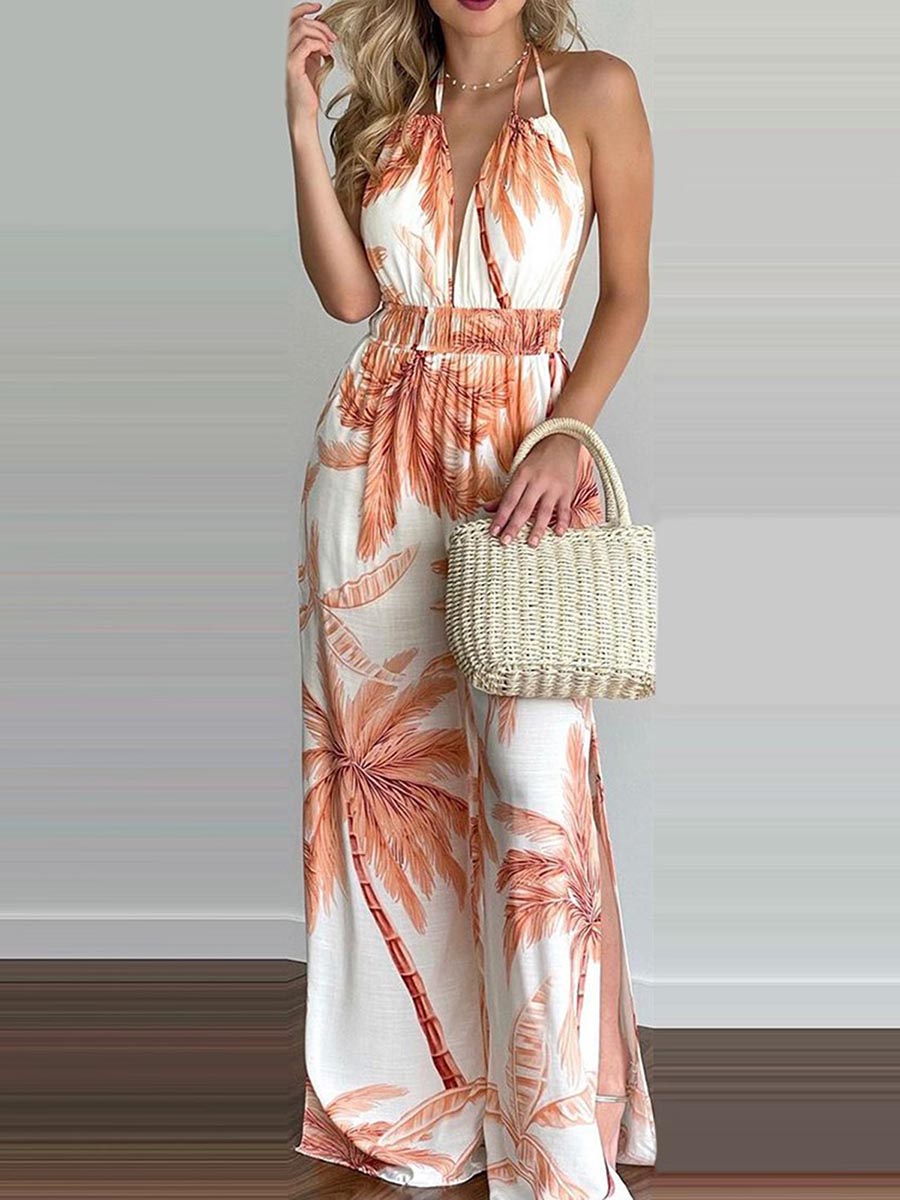 Veleaee Printed Hanging Neck Sexy Backless Split Jumpsuit