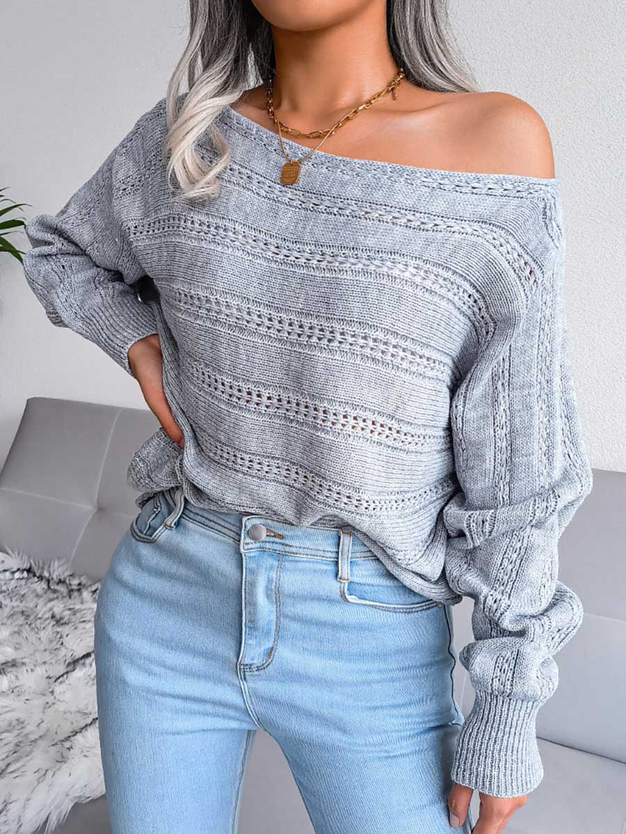 Veleaee Casual Pierced Patchwork Off the Shoulder Sweater(3 Colors)