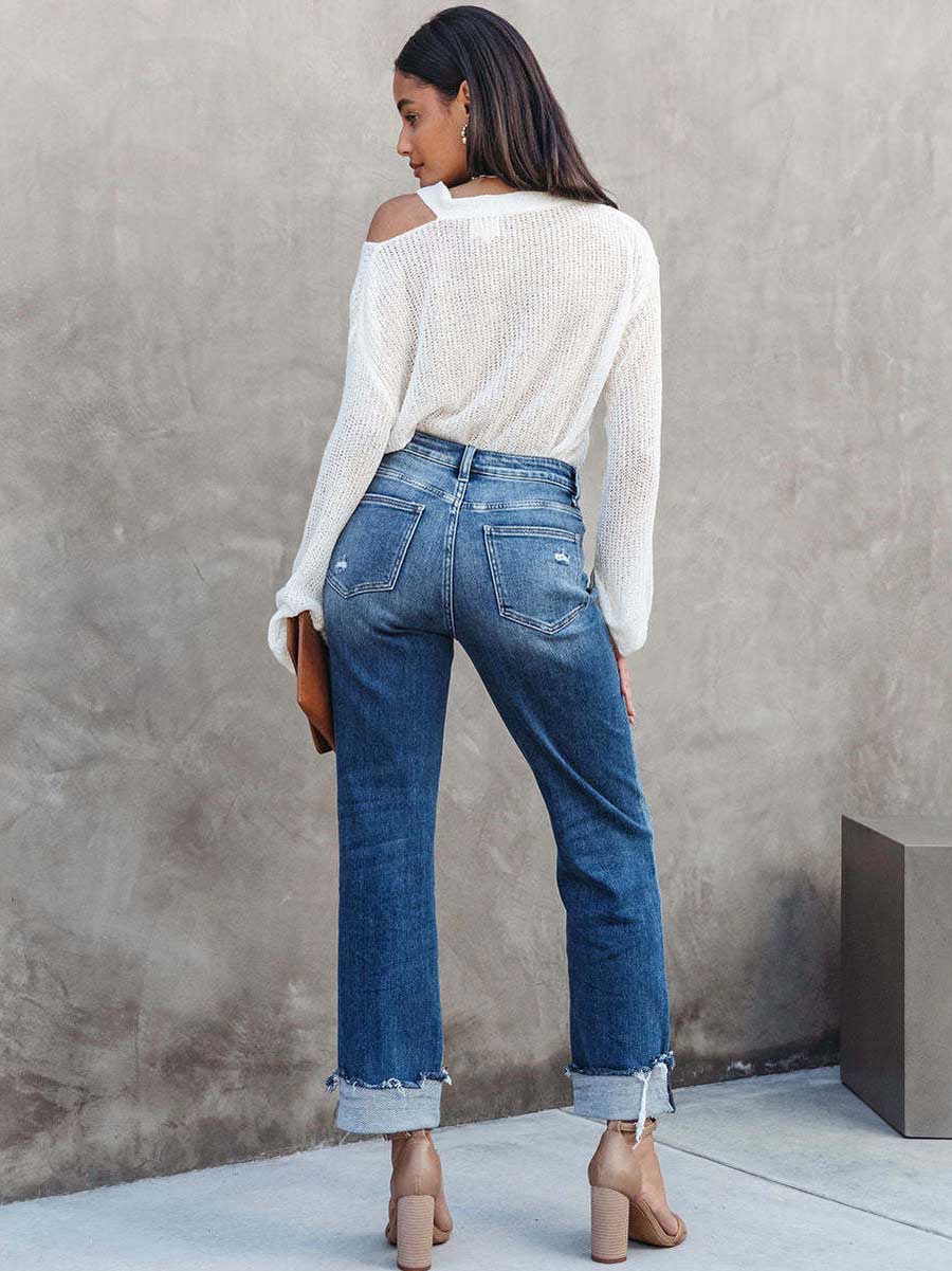 Veleaee Casual Street Solid Make Old Asymmetrical Straight Denim Jeans