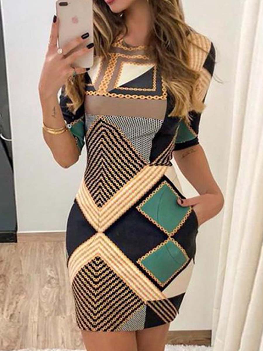 Veleaee Slim Printed Dress With Pocket