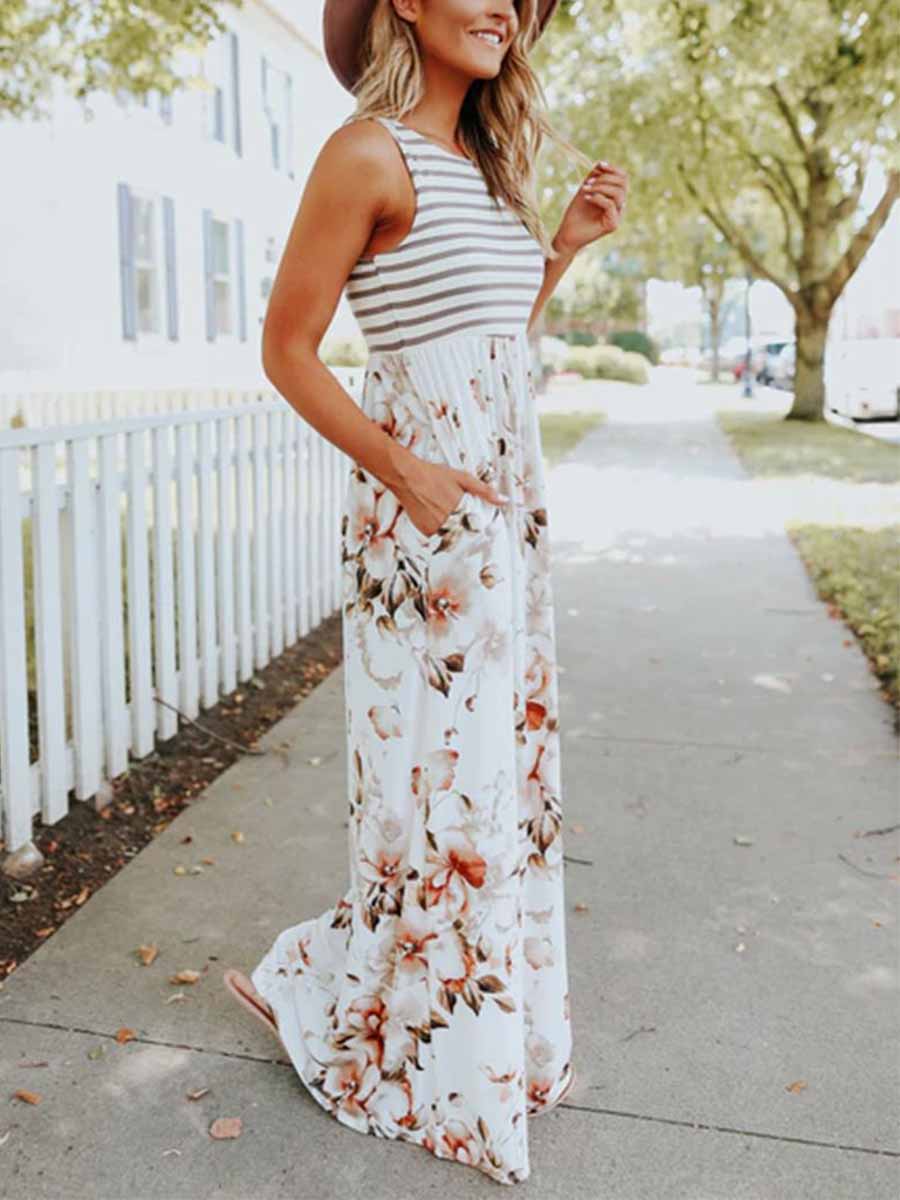 Veleaee Stripe Print Pocket Dress