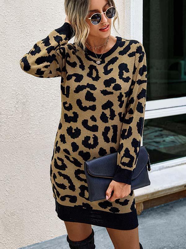 Veleaee Leopard Printed Knit Dress