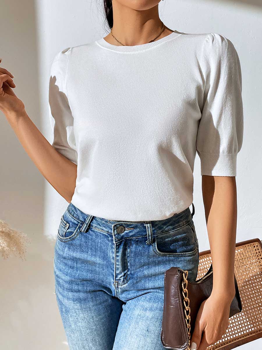 Veleaee Round Neck Pleated Short Sleeve Solid Color Knit (5 colors)