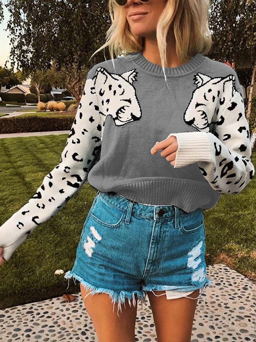 Veleaee Snow Leopard Knit Sweater