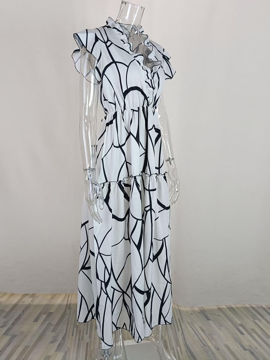 Veleaee V-Neck Print Pleated Sleeveless Dress