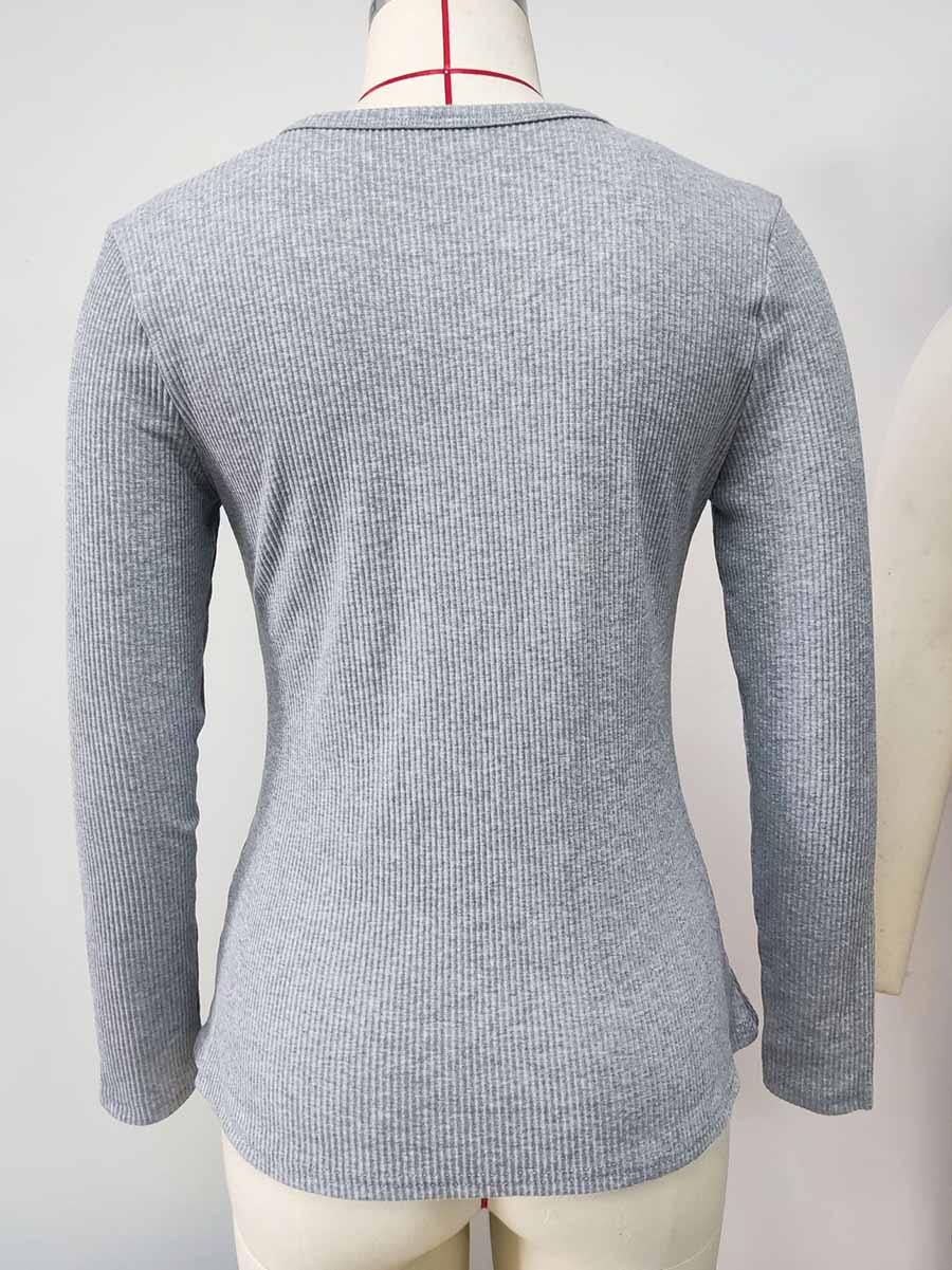 Veleaee Solid Color V-Neck Long-Sleeved T-Shirt