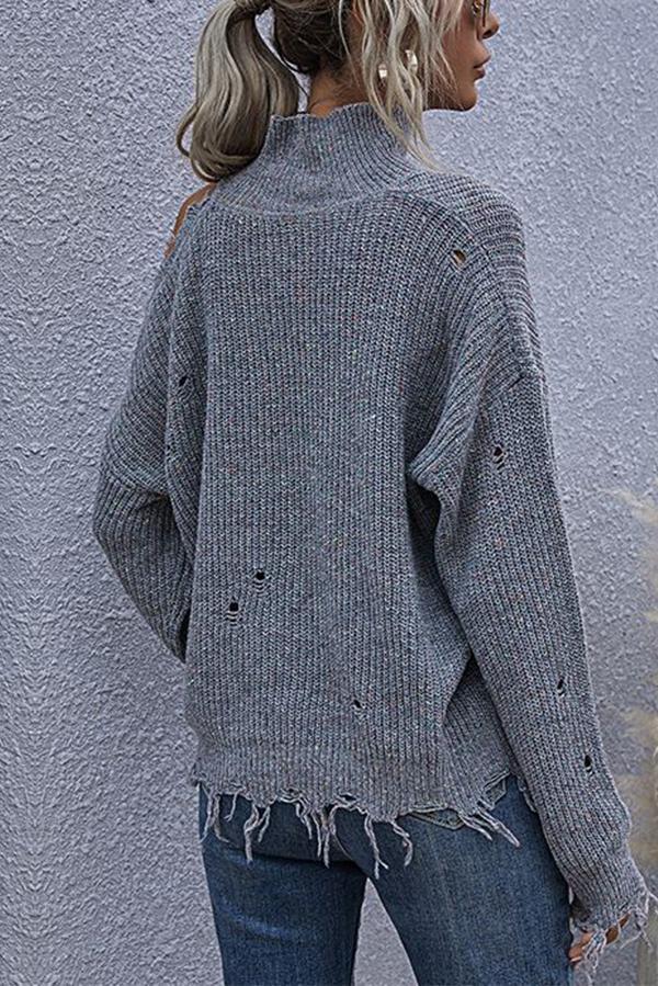Veleaee Loose Off-shoulder Ripped Long-sleeved High-neck Knitted Sweater