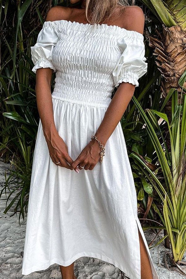 Veleaee Forever After All Smocked Off Shoulder Slit Dress