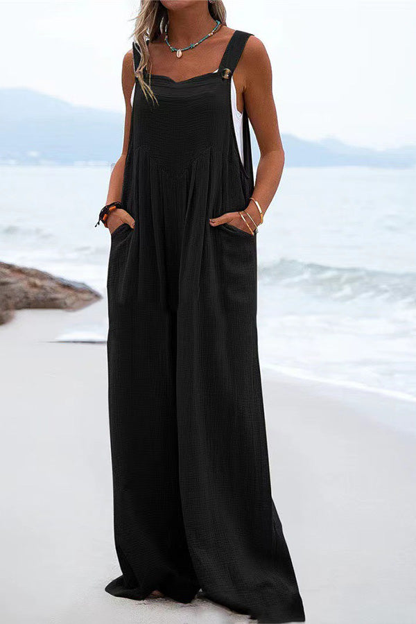 Veleaee Ethnic Button Suspender Wide Leg Line Jumpsuit