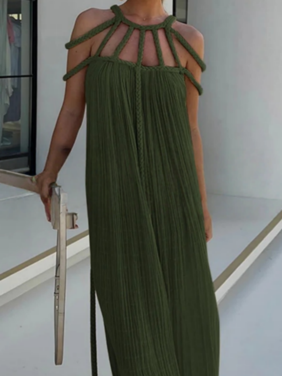 Veleaee Modern and Sophisticated Linen Blend Draped Braids Cover Up Maxi Dress