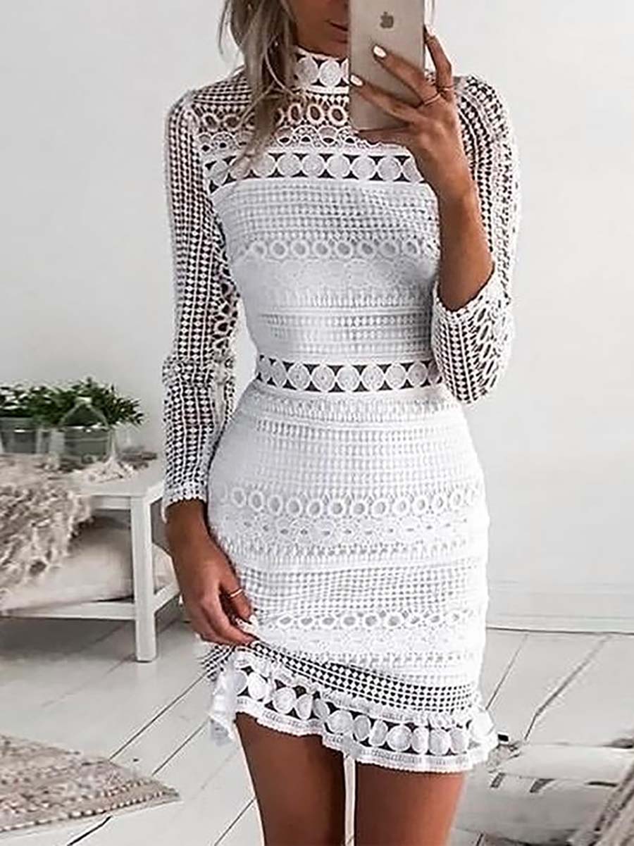 Veleaee Back Zipper Lace Splice Hollow Out Mini Dress