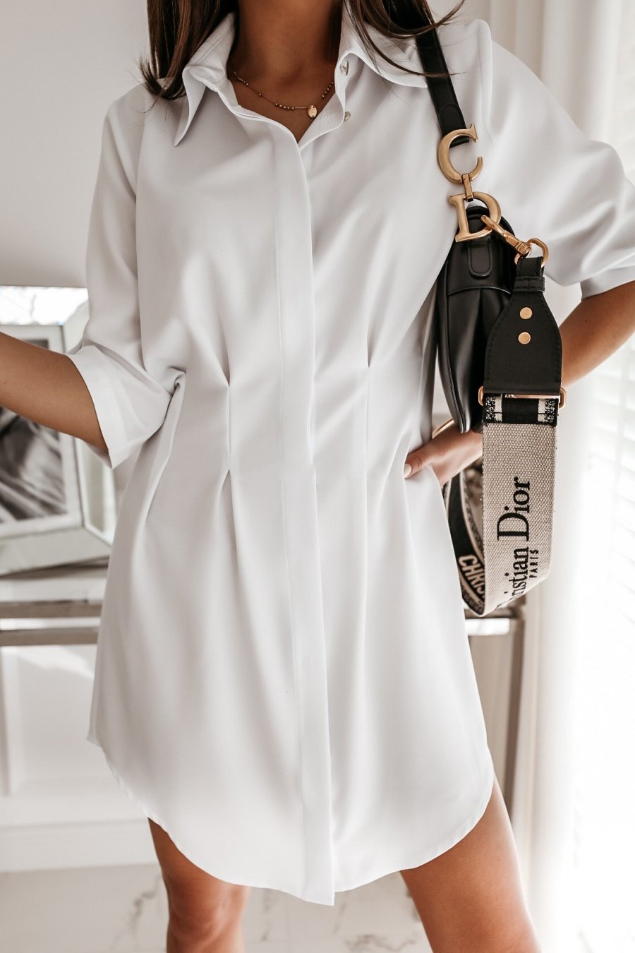 Veleaee Solid Color Shirt Collar Mini Dreess