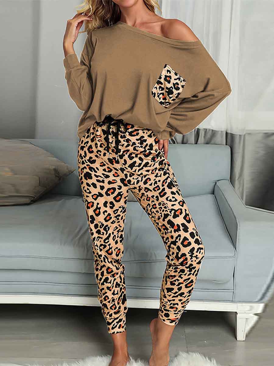 Veleaee Leopard Pocket Off-shoulder Two Sets