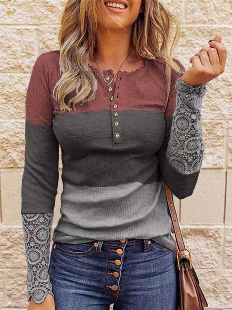 Veleaee Round Neck Stitching Lace Long Sleeve T-Shirt(14 colors)