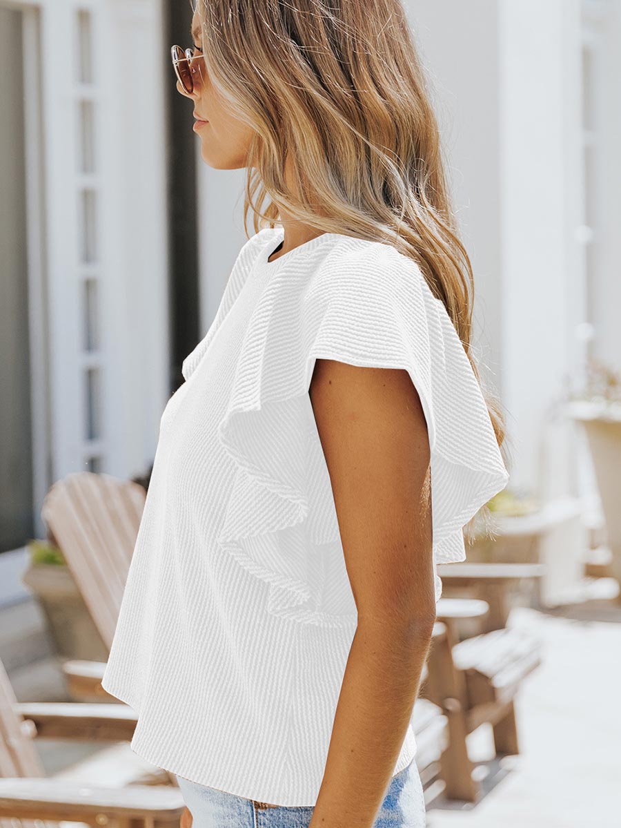 Veleaee Round Neck Ruffle Knit Casual T-shirt