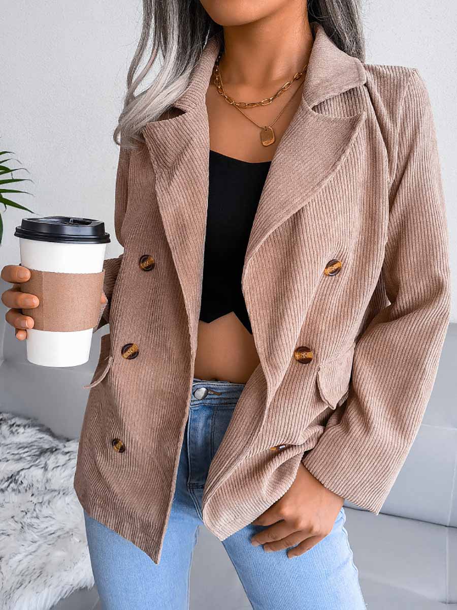 Veleaee Solid Color Corduroy Fashion Double-Breasted Jacket